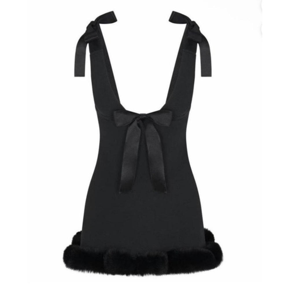 Skims Cloud Mini Dress Onyx Black Faux Fur Trim Satin Bows OP-DRS-11154W Medium